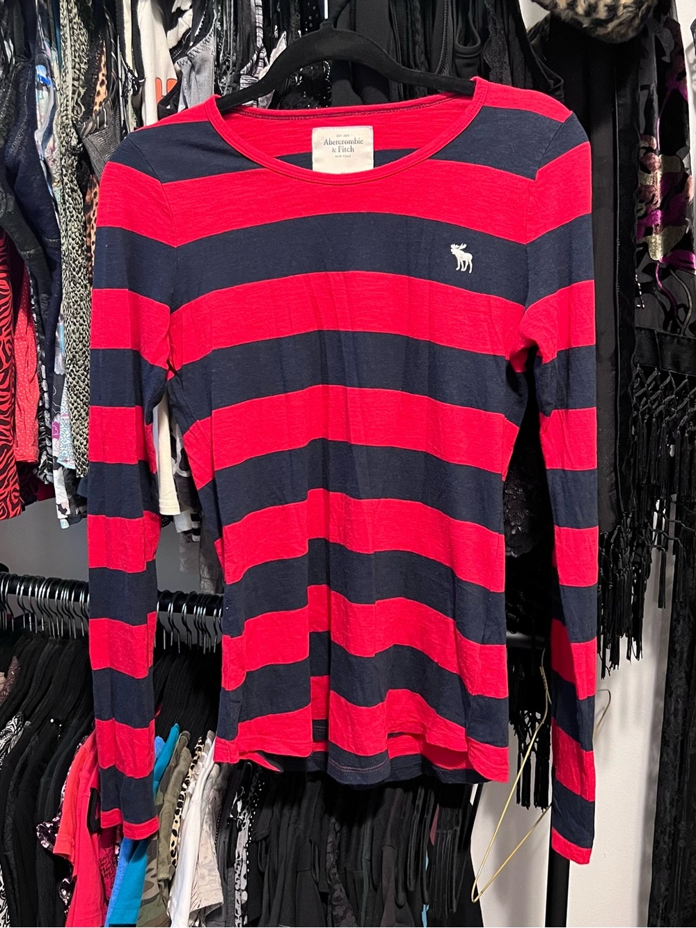 Abercrombie & Fitch Long-Sleeve Navy & Red Stripe Top